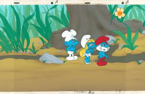 The Smurfs - Les Schtroumpfs - cel and hand-painted panoramic background - First edition - (1981/1989) | Catawiki