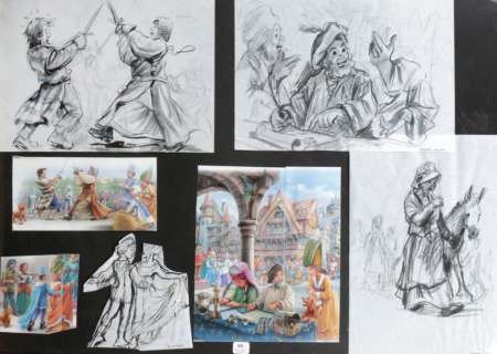 Marlier Marcel | Â«Princesses et ChevaliersÂ». Ensemble de 3 pages de crayonnés | Tessier Sarrou