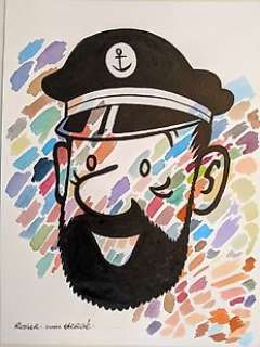 Yves Rodier | Hommage Ã  Hergé - Dessin original - Visage en couleurs du capitaine Haddock | Catawiki