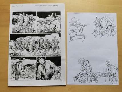 Bruno Brindisi | Tex #24 - B. Brindisi - "I razziatori del Nueces" tavola originale + preliminare a matita pag.52 - Page volante - (2020) | Catawiki