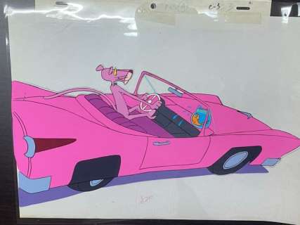 1970 | The Pink Panther - 2 Original cels and 2 drawings of The Pink Panther on a car - BIG SIZE RARE | Catawiki