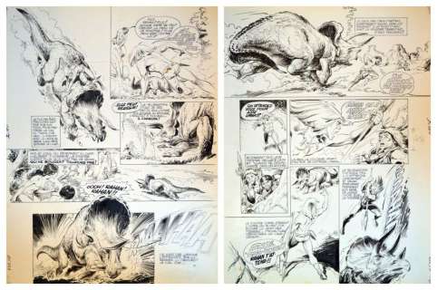 CHERET André Rahan - Lot 274 - Double planche avec l‘attaque du tricératops publiée...