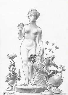 Bas Heymans | Bas Heymans - Originele Tekening - Donald Duck en Katrien Duck met Grieks Beeld | Catawiki