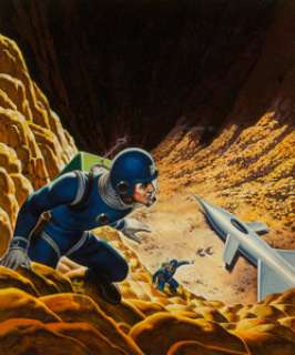 Virgil Finlay (American, 1914-1971)
 Space Police book dust jacket, 1956
 Acrylic on board
 12.5 x 10 in.
 Signed lower ... | Heritage