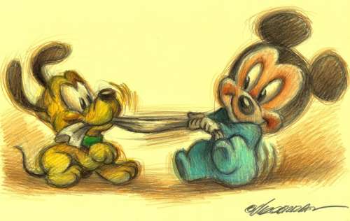 Joan Vizcarra | Mickey Mouse & Pluto "Childhood Picture" - Original Drawing - Joan Vizcarra - Pencil Art | Catawiki