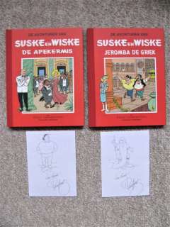 Willy Vandersteen | Suske en Wiske 57 + 58 - De Apekermis + Jeromba de Griek - Rode Klassiek Reeks + 2x pentekening van Paul Geerts - Cartonné - Réédition - (1999) | Catawiki