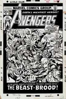 Jim Mooney, John Buscema - avengers #105 cover (black panther rejoins avengers! With hawkeye, iron man, thor, vision, sif, all battling in the savage land! ) 1972