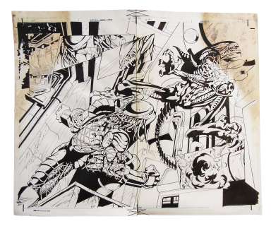 Mark Lipka - Original Art from Aliens vs. Predator: Xenogenesis #1 (1999), Double Splash Pages 18-19 Pencils by Mel Rubi, Inks