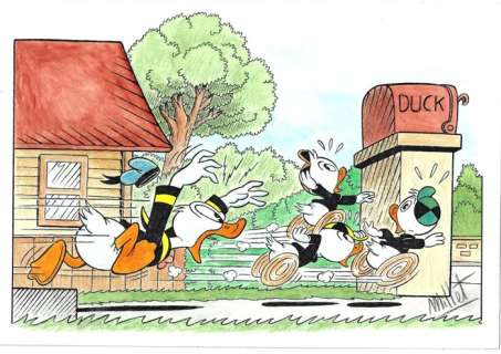 Millet | Millet - Donald running after Huey, Dewey & Louie | Catawiki