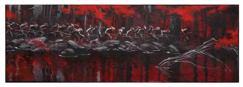 Cromwell - Cette toile intitulée La horde sauvage dégage de la puissance pas seulement par son aspect monumental: un groupe de guerriers progresse dans la pénombre, sans faire de bruit, comme des chats, le long d‘une berge. L‘atmosphère est lourde. C‘est l‘automne. Les chênes rouges se reflètent dans la rivière symbolisant le trépas qui s‘annonce... Acrylique sur toile