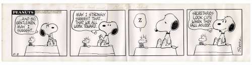 Charles Schulz Original Hand-Drawn ’’Peanuts’’ Comic Strip Featuring Snoopy & Woodstock as His Secretary | Nate Sanders