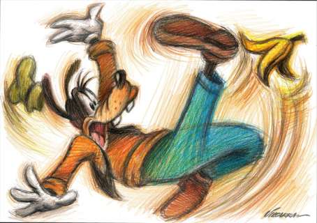 Joan Vizcarra | Goofy Slipping on a Banana - Original Drawing - Joan Vizcarra - Pencil Art - Original Artwork | Catawiki