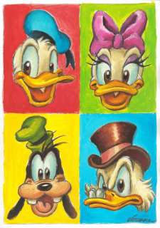 Joan Vizcarra | Disney Friends! : Donald Duck, Uncle Scrooge, Daisy and Goofy - Warhol Tribute - Original Painting - Joan Vizcarra Signed - Original Artwork - Acrylic Art | Catawiki