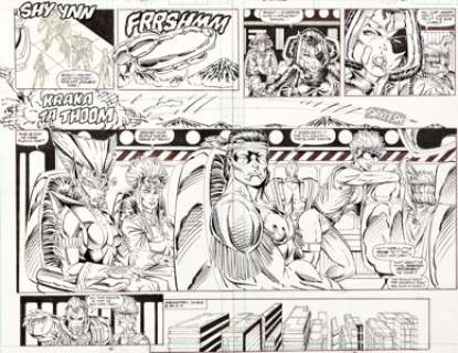 Rob Liefeld X-Force #1 Splash Page 22 and 23 Original Art (Marvel, 1991). Narrowly escaping Stryfe‘s -