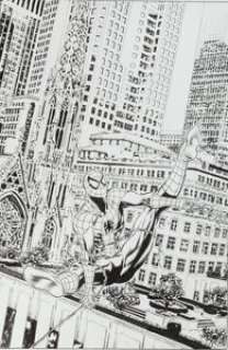 Mike Perkins Amazing Spider-Man V3#1 Mile High Comics Variant Cover Original Art (Marvel, 2014). Spidey swings -