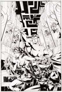 Howard Porter and John Dell - JLA: New World Order Trade Paperback Cover Original Art (DC, 1997).