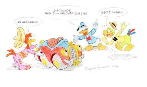 Pasquale Venanzio | The 3 Caballeros - Donald showing his car to Josè Carioca and Panchito - Signed Colour Drawing by Pasquale Venanzio | Catawiki