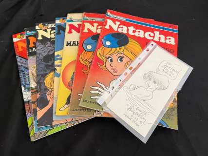 Walthéry / Divers Auteurs | Natacha - 7 Albums + poster + dessin original dédicacé - 6x B + C - EO/Ré - 1971 - 1994 | Catawiki