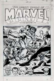 Jim Starlin Joe Sinnott - mighty world of marvel #18 cover (awesome starlin hulk battle cover! All ff & spidey drawn also! ) 1972