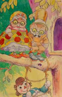 Johnny Gruelle (American, 1880-1938) Gran‘Ma and Gran‘Pa HootieOwl, Raggedy Ann in the Deep Deep Woods interior illustrat...