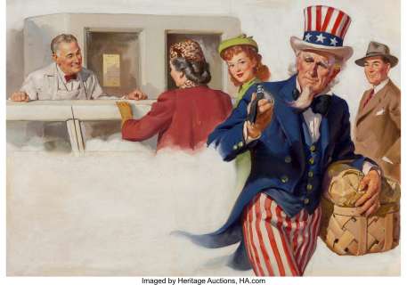 Gil Elvgren (American, 1914-1980) Uncle Sam, Saturday Evening Post interior illustration Gouache on paper 15-1/2 x 23...