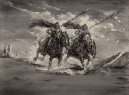 John Coleman Burroughs (American, 1913-1979). Knights on a Journey. Charcoal on paper. 14-1/8 x 19-1/4 inches (35.9 x 48... | Heritage