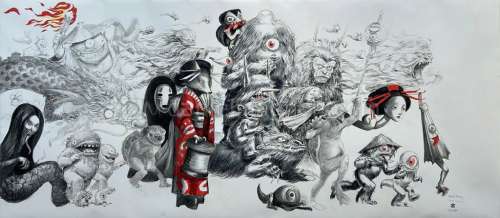 Collectif Arita Lacombe Stan Gaulme - Yokaï Parade, Illustration originale réalisée le 9 nov 2022 par le collectif constitué de Mitsuhiro Arita, Benjamin Lacombe, Stan Manoukian et Armel Gaulme