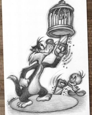 Joan Vizcarra - 1 Crayon original - Tweety & Sylvester Cage Trap – Original Pencil Drawing – Hand Signed | Catawiki