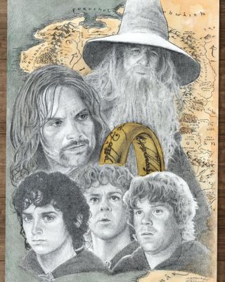 Oscar García Calibos - Œuvre originale - The Fellowship and the Ring - Mixed Media Tribute to The Lord of the Rings - Hand-Signed | Catawiki