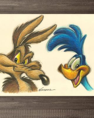 Joan Vizcarra Crayon - Wile E. Coyote & Road Runner Portrait – Hand Signed Original Drawing | Catawiki