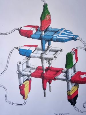 Serre, Claude - 1 Original drawing - Humour Noir - Construction électrique de l’Europe - 1990 | Catawiki