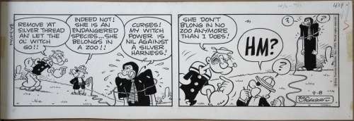 Bud Sagendorf | Striscia originale daily comic strip Popeye ‘Let the ol’witch go!’. Cm. 45,5 x 15,5. King Features Syndicate 08-4-1974. Firmata. | Art e Fumetto