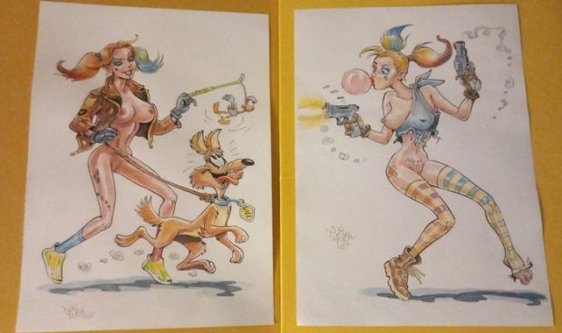 Axl Goth (Alessandro Gottardo) - 2 Watercolour - Harley Quinn, Wile Coyote - "Two-way Harley" - 2025 | Catawiki