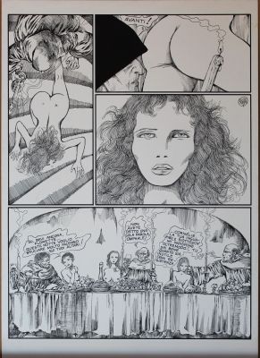 Guido Crepax | Tavola originale per Justine, la rivisitazione di Crepax della novella del Marchese De Sade ‘Justine o le disgrazie della virtù’. Pagina (tavola) 69, matita e china su cartoncino rigido Schoeller, Cm, 36,5 x 51. Firmata e datata Crepax  1979. | Art e Fumetto