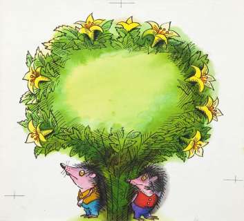 Jerzy Flisak (1930 - 2008) | Jerzy Flisak | „Przygoda Jeża spod miasta Zgierza”, ilustracja do książki Wandy Chotomskiej, dwa jeże pod kwiatodrzewem, p. 25, 1984 | Desa Unicum