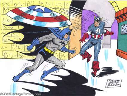 Sheldon Moldoff - Original Illustration, Batman and Captain America (undated). It’s the Darknight Detective vs. - | Heritage