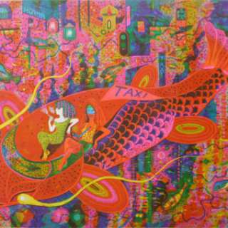 Brecht Evens - EX N° 9/15 de Rigoles Taxi, version rose, bois gravé original sur vélin de Rives 250g en 2017.