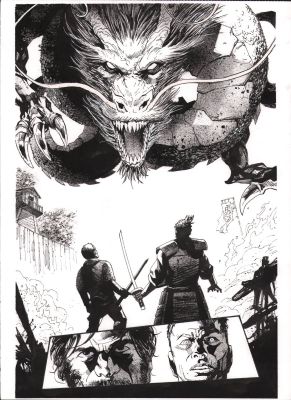 Federico Mele | Samurai Facing Large Dragon Splash Page | Anthony’s Comic Book Art