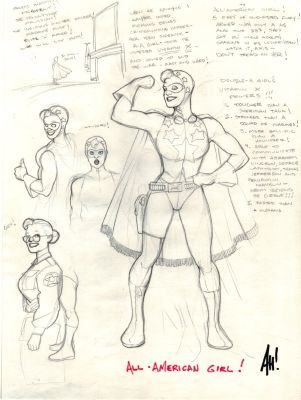Adam Hughes | 1993 Sketch Book 11 X 14 Inch, All-American Girl Origin Concept Character Designs, with Photo of Adam Hughes Signing Actual Artwork! | Romitaman