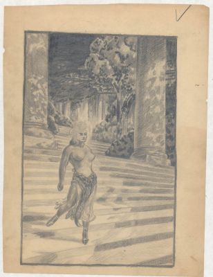 Roy Krenkel | Very Nice Krenkel Finished Pencil Drawing - Topless Woman Descends Stairs | Koch Comic Art