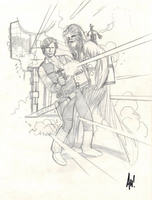 Adam Hughes | 1993 Sketch Book 11 X 14 Inch, Han Solo & Chewbacca Concept Character Design, with Photo of Adam Hughes Signing Actual Artwork! | Romitaman