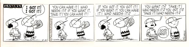 Charles Schulz - Peanuts Daily Strip 4-21-1958 (Very Early Baseball Strip with Charlie Brown & Older Lucy Both in Every Panel!)