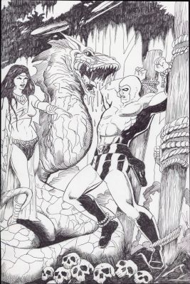 Lou Manna | The Phantom Tied To Stake Vs Dragon + Babe - Ink Art Commission | Anthony’s Comic Book Art