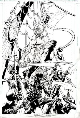 Yvel Guichet Mark Propst | Aquaman #7 Cover (Aquaman Battles 6 Pirate Skeletons with a Sword on a Pirate Ship!) 2003 | Romitaman