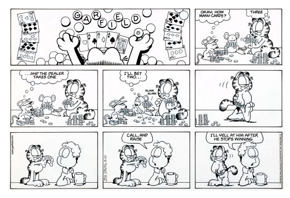Jim Davis | Garfield Sunday Strip (Garfield Plays Texas Hold’em with Mice For Serious Cash! Jon Allows It Since Garfield Is Winning! Lol!) 5-10-1998 | Romitaman