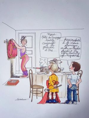 Claude Serre | « MENU ENFANTS » Planche Originale signée Claude Serre publiée en 1994 (taille totale 25 x 32 cm) dans « petit livre de cuisine l’usage de mon mec » éditions Glénat | Serre