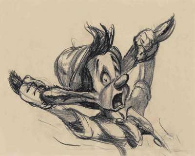PINOCCHIO - Studio Disney, 1940. Dessin de storyboard de Pinocchio tenant | Rossini