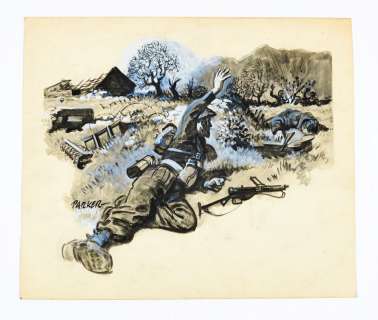 Original artwork drawn and signed by Eric Parker showing a commando blowing up a German machine- | Comic Book Auctions ltd
