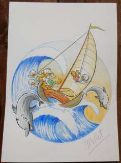 Donald Duck - Original Drawing - Millet  - Donald Duck & Nephews surfing with dolphins! - Page volante - EO | Catawiki