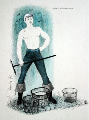 Lorraine Fox | Muscular Boy with Rake Mid Century Illustration, 1960 | ComicArtFans Classifieds
